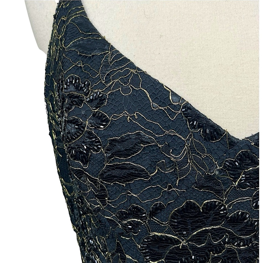 Carmen Marc Valvo Vintage 90s Black Gold Lace Beaded Mini Dress Sheath 10 Med - Picture 7 of 16